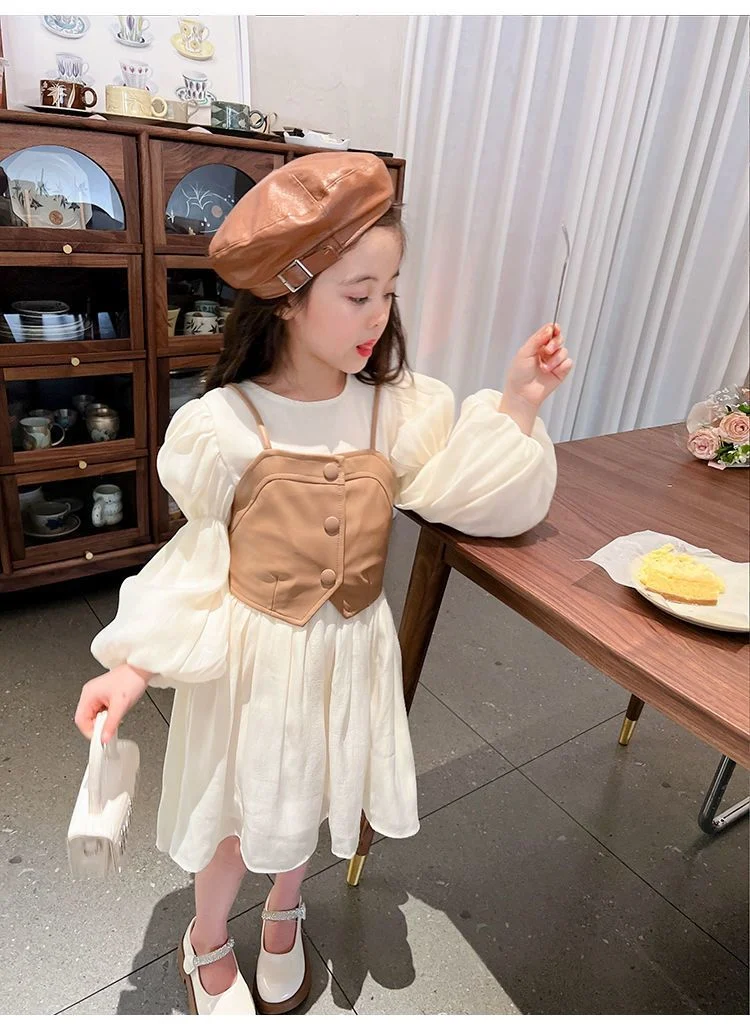 Frühling Herbst Mädchen Kleid Set Langarm Kinder Retro Pu Leder Weste Kleid Set Teenager-Mädchen Kleidung Anzug 4 6 8 12y – Detail 13