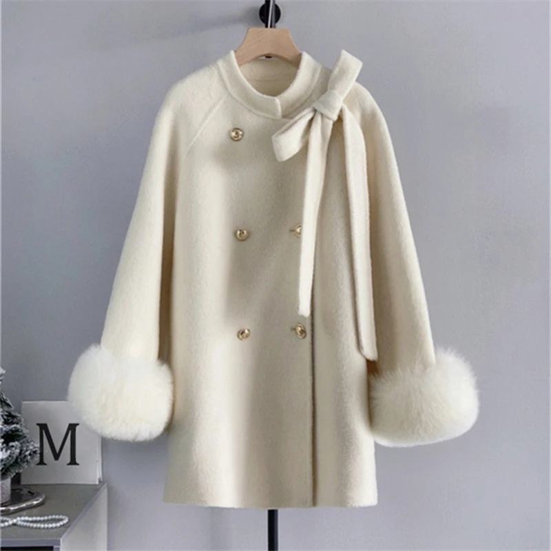 

Elegant Real Woolen Overcoats Women Autumn/winter New Double Breasted Bow Lace-up Warm Fur Coat Fashion Mid Long Jackets