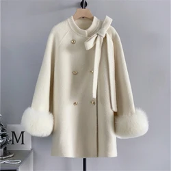 Elegant Real Woolen Overcoats Women Autumn/winter New Double Breasted Bow Lace-up Warm Fur Coat Fashion Mid Long Jackets