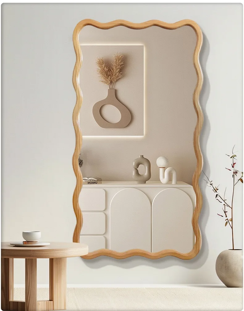 *Solid wood full body special-shaped mirror bedroom household wave full-length mirror wall-mounted fitting mirror wall-mounted
