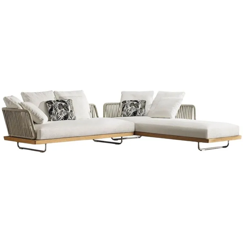 Outdoor sofa courtyard teak rattan chair, outdoor rope woven single terrace solid wood furniture