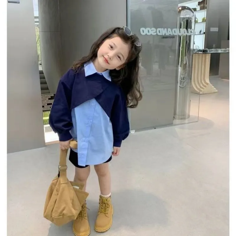 

Spring and Autumn Girls' Fake Two piece Shirt New Children's Splicing Collar Top Fashion