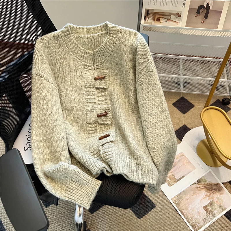 2024 Autumn Winter Korean Niche Retro Horns Knitted Cardigan Women's Fashion Unique Gentle All-match Slimming Soft Waxy Sweater