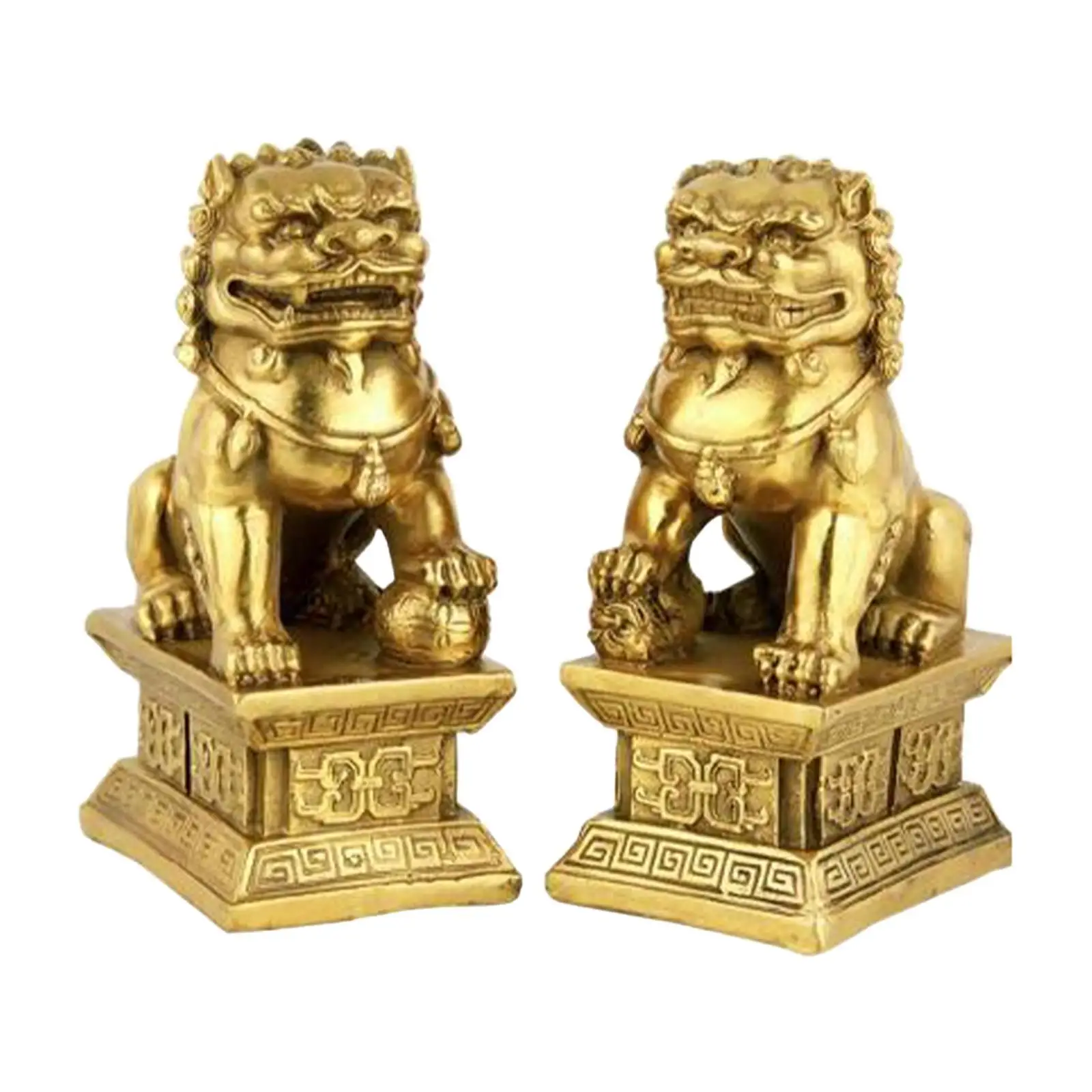 Set of 2 Fu Dog Lion Figurines for Desk Display Handcrafted Gift Polyresin