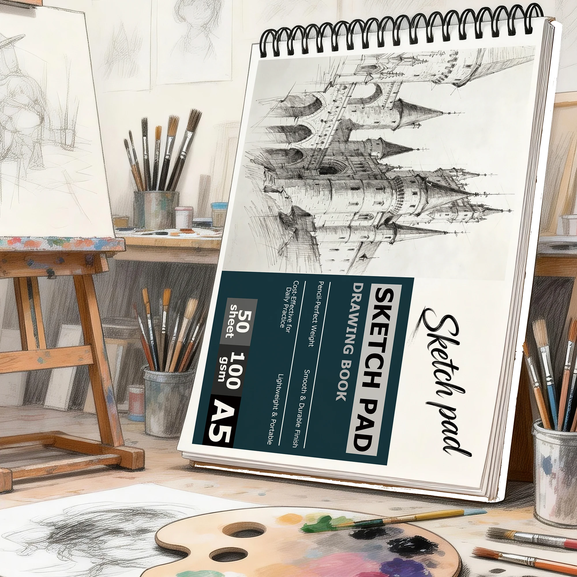 Spiral-Bound Art Sketch Pad (A5 Size) - 50 Sheets 100Gsm Heavyweight Drawing Book |   Medieval Castle Cover Sketchbook: Artist-