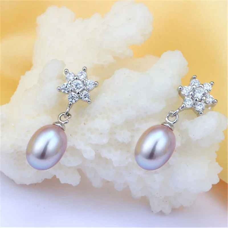 Dainashi High Quality 925 Sterling Silver Zircon Flower Earrings for Women Genuine Freshwater Cultured Oval Pearl Drop Earrings