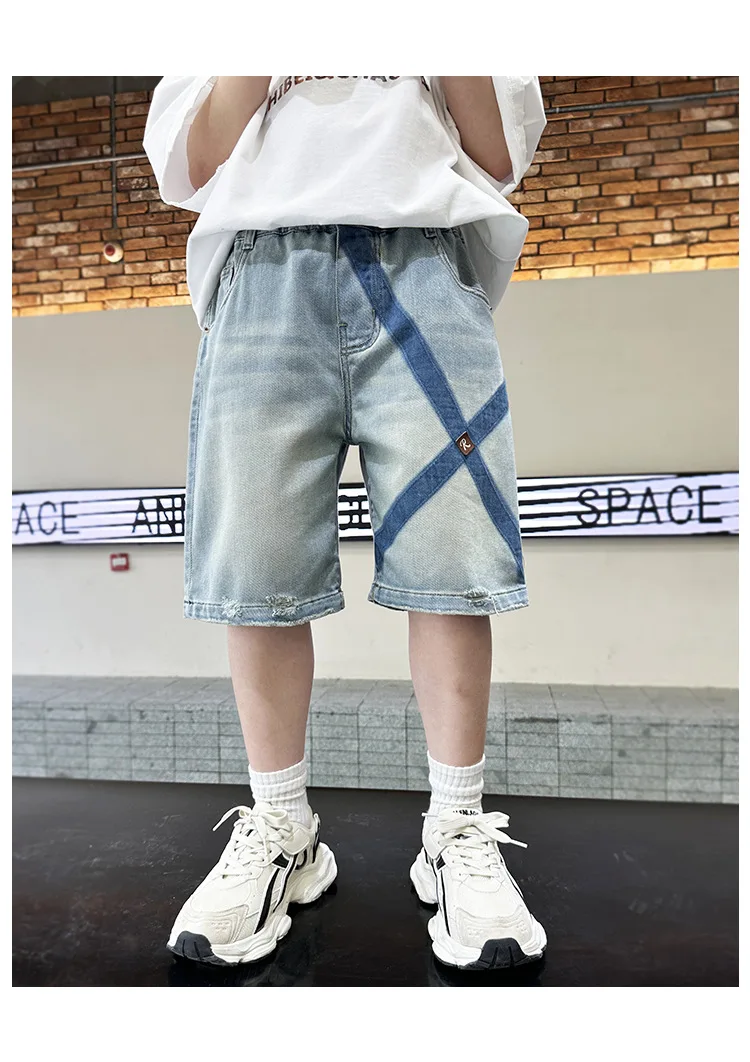 Child Loose Straight Drawstring Denim Shorts Kids Fashion Street Capris for Boys Ripped Baggy Five-Quarter Pants with Drawings