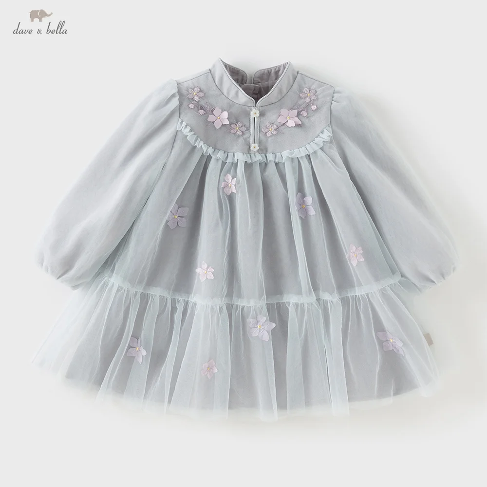 

Dave Bella Children's Dress Autumn Spring Girls Flower Mesh Skirt Half High Collar Sweet Gentle Outerwear Kids Clothes DB3253013