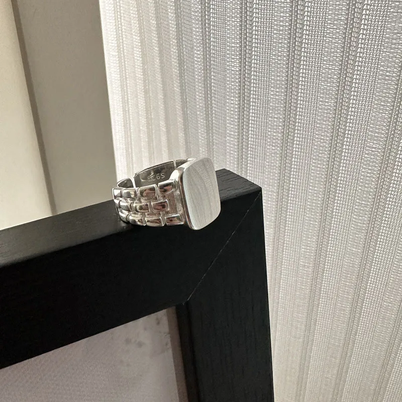 Smooth Square Ring S925 Sterling Silver Material Shoulder Strap Design, Niche Fashion and Personalized Versatile Jewelry