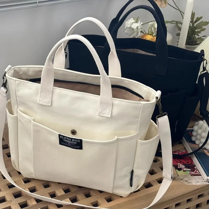 Commuter Canvas Portable Zipper Female Student Large Capacity One Shoulder Crossbody Handheld Tote Bag Horizontal Square