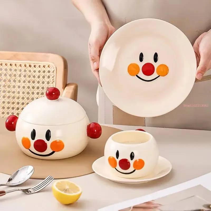 Japanese Cartoon Bread Ceramic Tableware Cute Smiling Face Plate Saucer Set Binaural Instant Noodle Bowl Plate Teapot Teacup Set