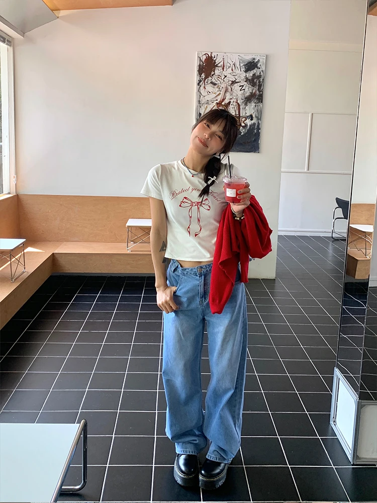 

Korean Style Straight Leg Jeans Embroidered Knot Casual Wide Leg Pants Slimming Simple Version for Young Women