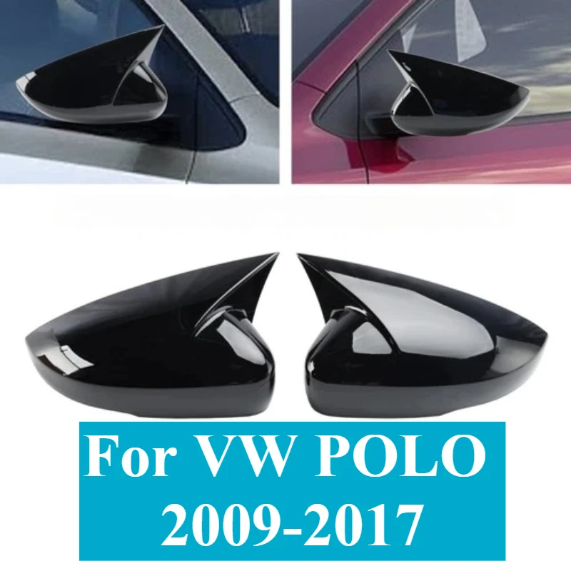 

For VW POLO 2009-2017 Stick-On Horn Style Rearview Mirror Cover Housing Cap Trim Gloss Black Exterior Replacement Accessory Kit