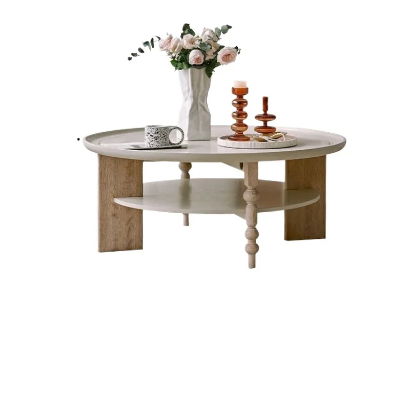 

Журнальный столик во французском кремовом стиле, круглый стол из цельного дерева, маленькая квартира, бытовой, гостиная, небольшой столик