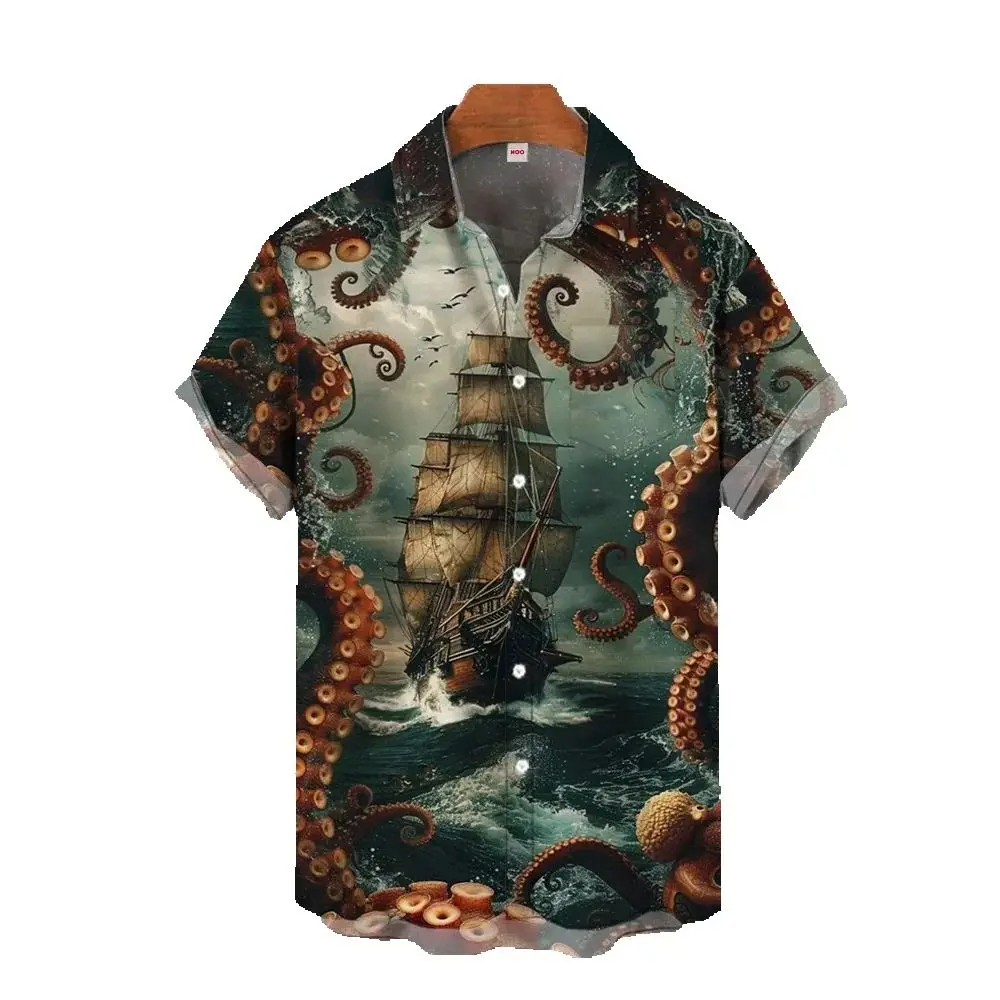 

Vintage Men's Shirt Octopus Graphic Print Shirt For Men Casual Short Sleeve Top Hawaiian Shirts Men Lapel Oversized Men Clothing