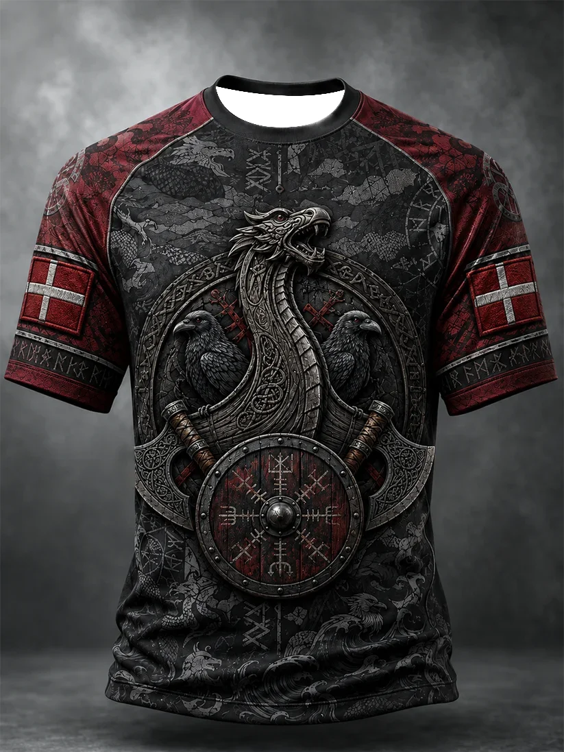 2027 Summer New Style Men's Vintage Viking Style 3D Printed Outdoor Sports Breathable Quick-Drying T-Shirt Family Couple Version