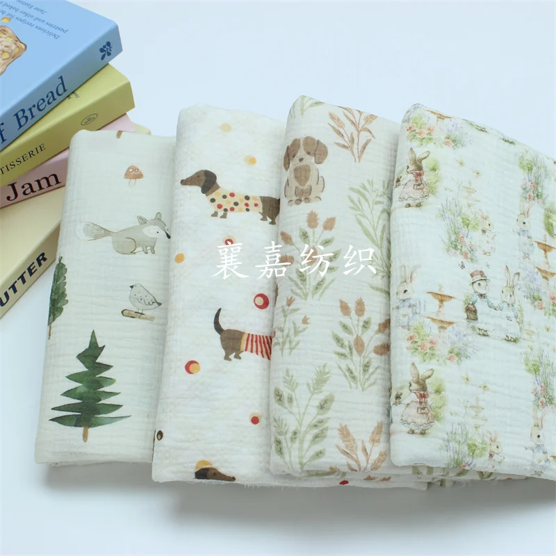 Rabbit and Dog Double-Layer Cotton Gauze Crepe Fabric, Summer/autumn Conditioning Blanket Small Quilt Children's Clothing Cloth