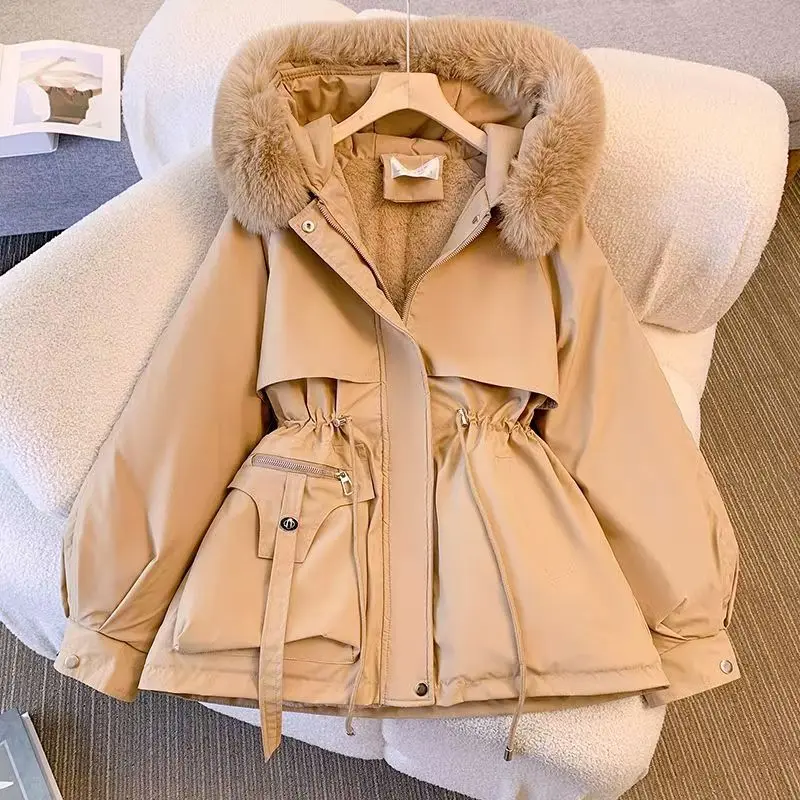 

2026 Women Y2k Fur Hooded Thick Parkas Zipper Autumn Coats Elastic Waist Midi Jackets Pockets Coats Elegant Coat Warm Winter