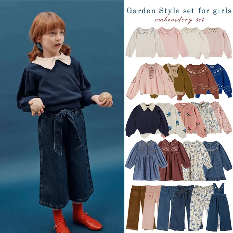 

Children's Sweater 25 Autumn EM Girls' Countryside Style High End Embroidery Flower Shirt Cowboy Pants Strap Pants Dress Set