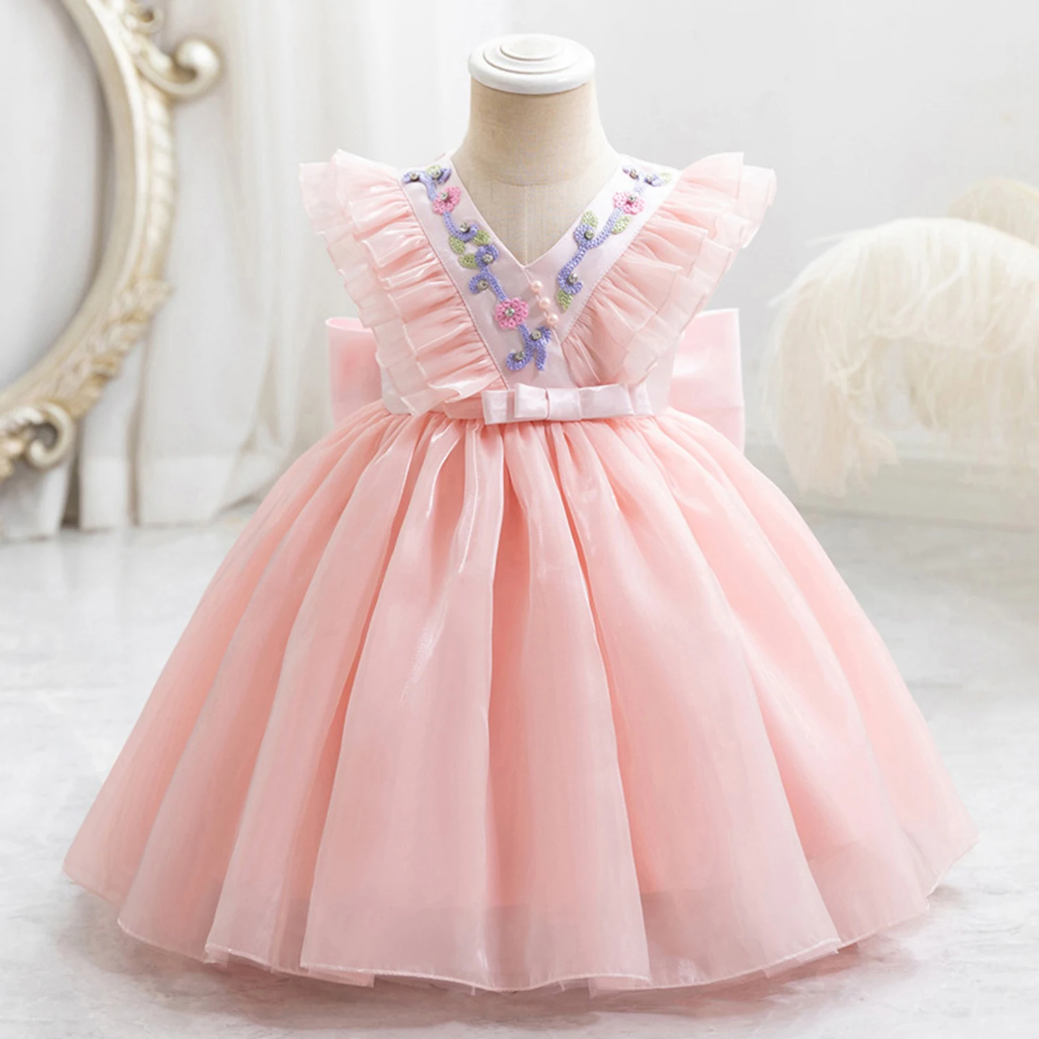 

Grace Stylish Toddler Baby Embroidered Flutter Sleeves Bowknot Graduation Ceremony Birthday Party Formal Pageant Dress