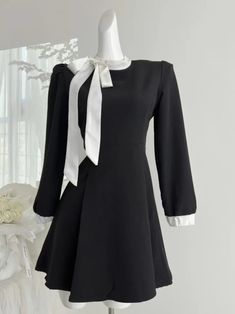 

Autumn Elegant Fashion Lace Up Waist Mini Dress Ladies Long Sleeve A-line Evening Party Robe Femme Black One Piece Vestidos