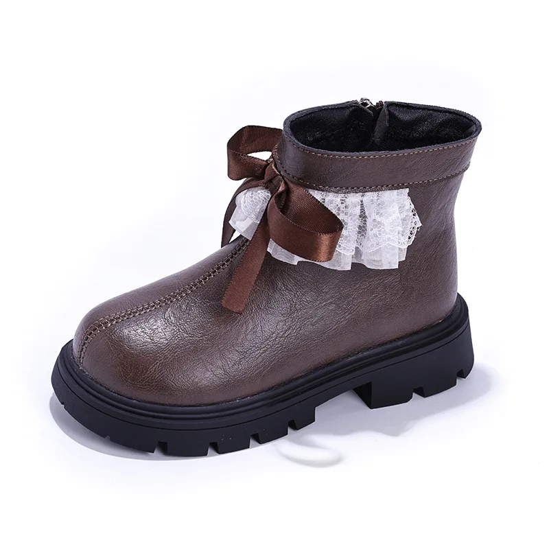 

Осенние модные ботильоны с кружевом и бантом, детские кожаные полусапожки принцессы с боковой молнией, нескользящая мягкая подошва, теплая обувь для девочек