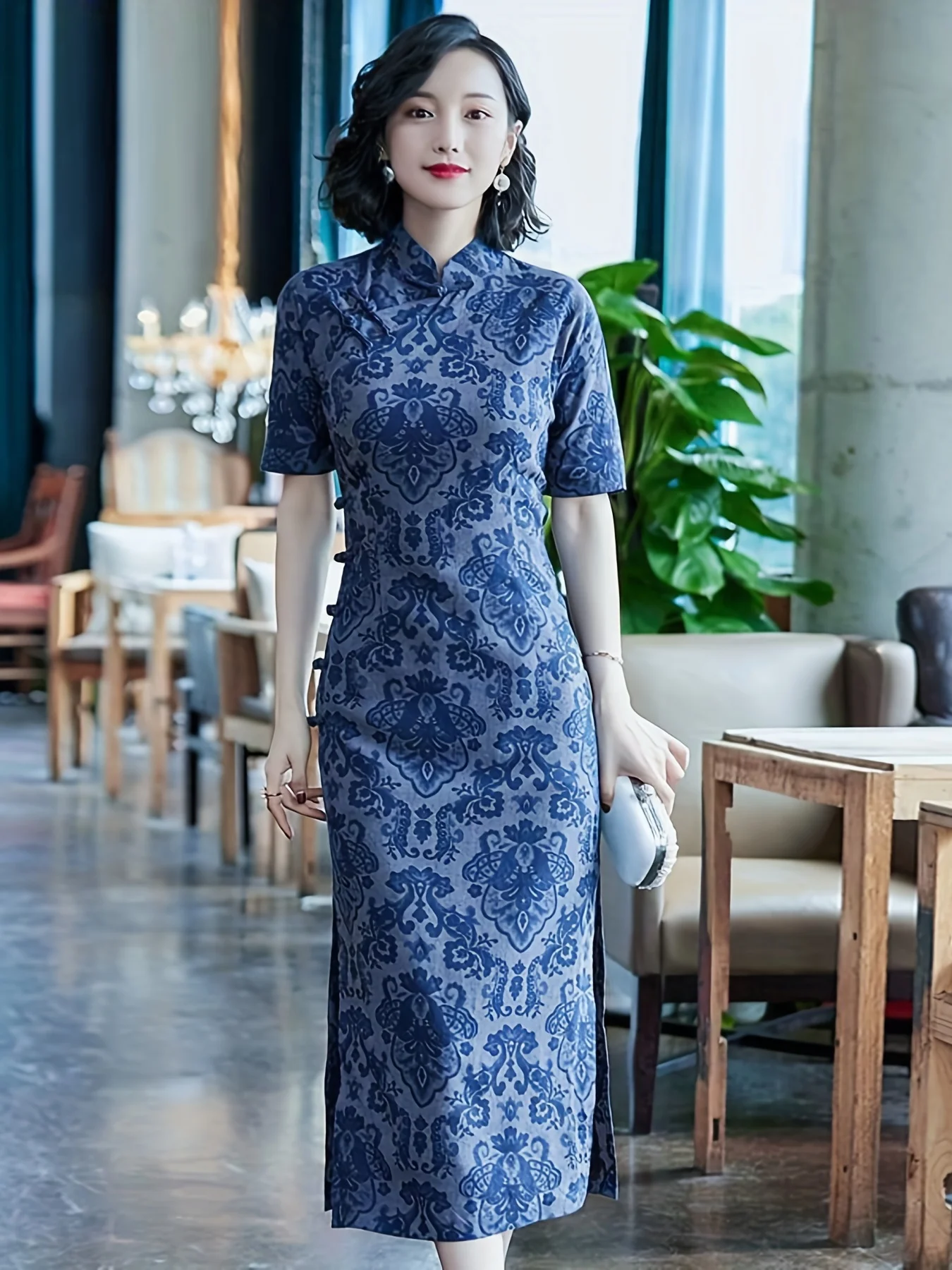 

Floral Print Chinese Vintage Cheongsam Bodycon Frog Button Mandarin Collar Split Dress Women's Clothing