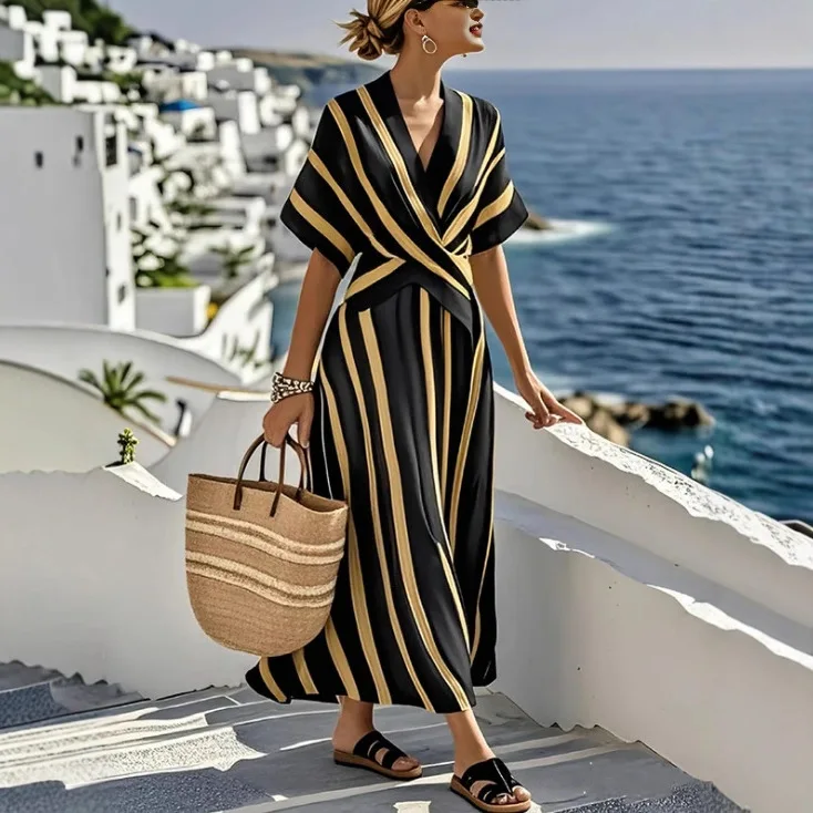 Robe de vacances décontractée, ample, rétro, imprimé rayé, manches courtes, col en V, style Boho, plage plissée, ligne a, longue, été