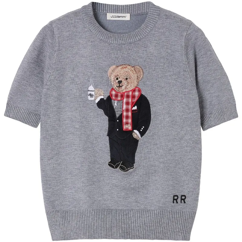 

Summer Women's T-shirt Embroidered Coffee Bear Round Neck Top Fashionable Casual Knitted Sweater Slimming and Slimming Sweater