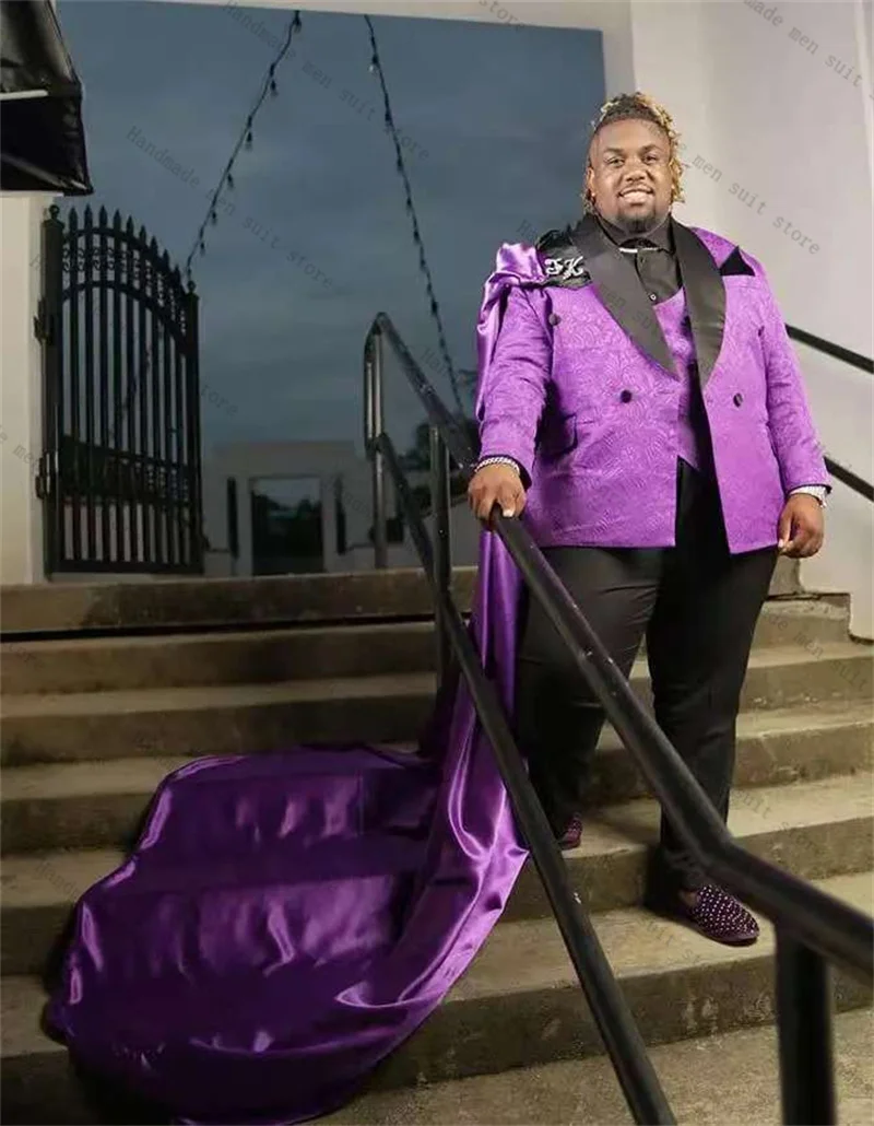

Purple Jacquard Men Suits 2 Piece Blazer Long Wrap+Black Pants Wedding Tuxedo Coat Customized Formal Office Jacket Trousers