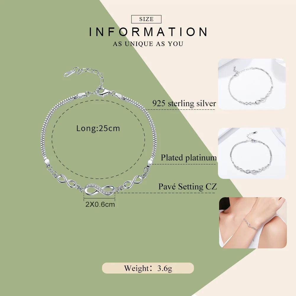 Bamoer Authentic 925 Sterling Silver Infinity Love Chain Link Adjustable Zircon Bracelet for Women Luxury Silver Jewelry SCB037