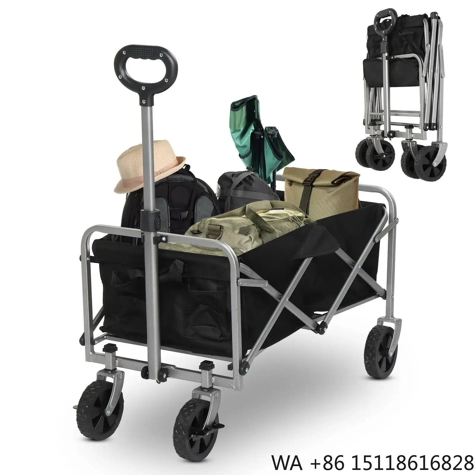 Four-wheel Outdoor Camping Wagon Stroller Folding Cart Collapsible Garden Beach Utility Outdoor Camping Sports Black