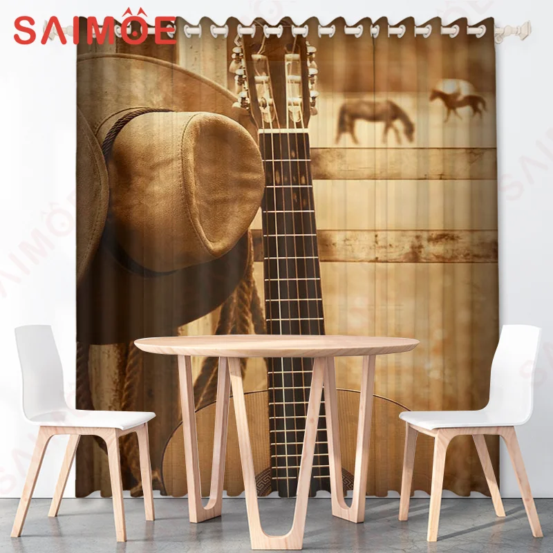 European American Retro Movie music Guitar Curtains Oil Lamp Cowboy Hat Skull Thin Polyester Fabric Office Decoration with Hooks