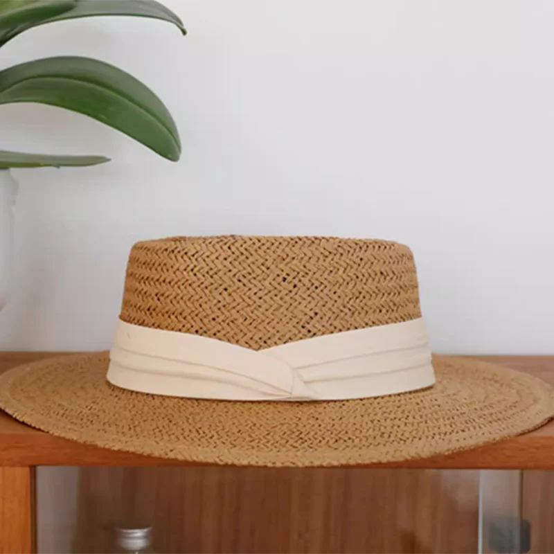 Luna & Dolphin – chapeau de paille pour femmes, Style français, pour la plage, le soleil, plat, Khkai, vacances, Panama, tissé, petit haut, ruban