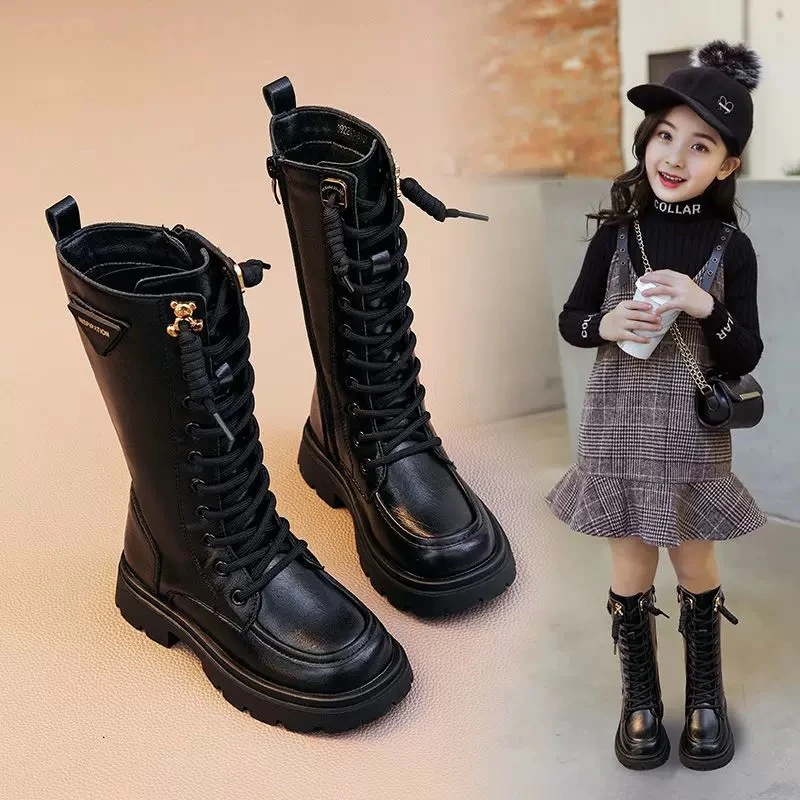 

Girls Fashion Boots 3-18 Years Old Black Padded Thickened Children's Cotton Shoes Fall and Winter Girls High Leather Boots Shoes
