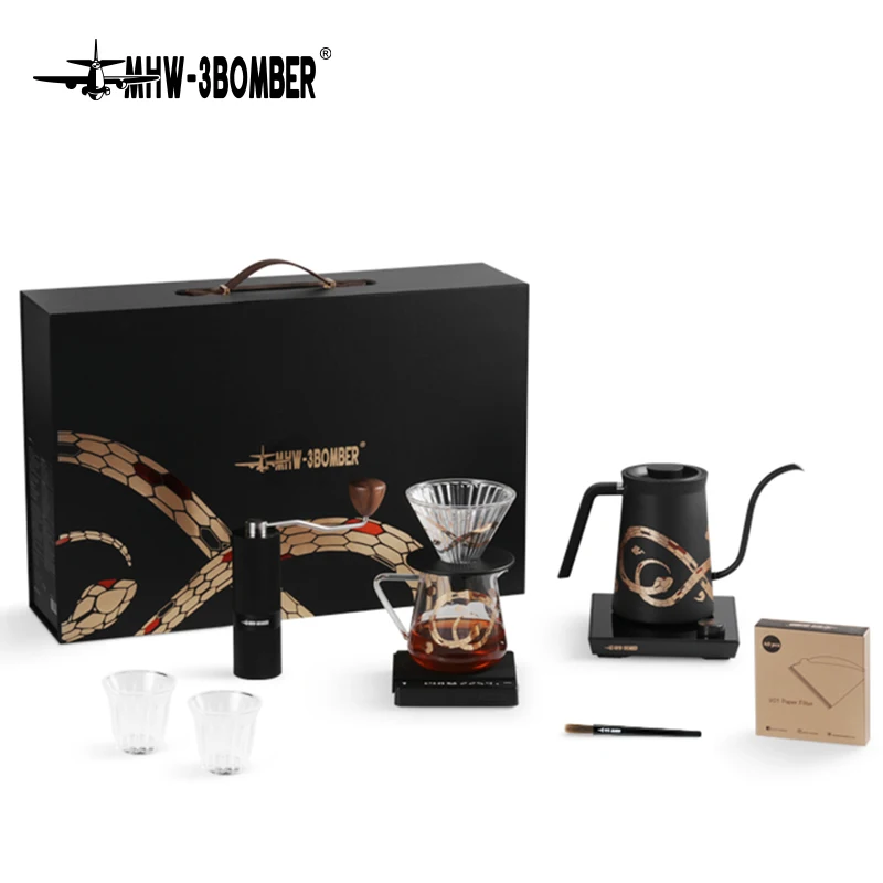 

MHW-3BOMBER Deluxe Hand Brewed Coffee Set Espresso Scale Coffee Grinder and Filter Cups Pour Over Kettle Barista Accessories