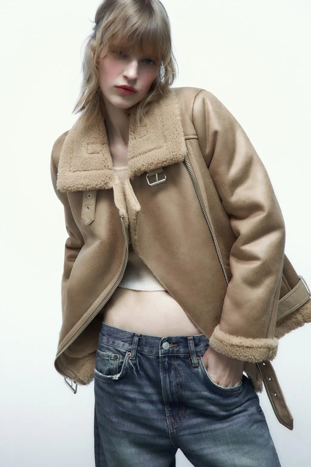 Capispalla da donna allentato con colletto alla coreana in pelle-pelliccia double-face Autunno Inverno Nuovo Sle Versatile Chiusura con cerniera femminile