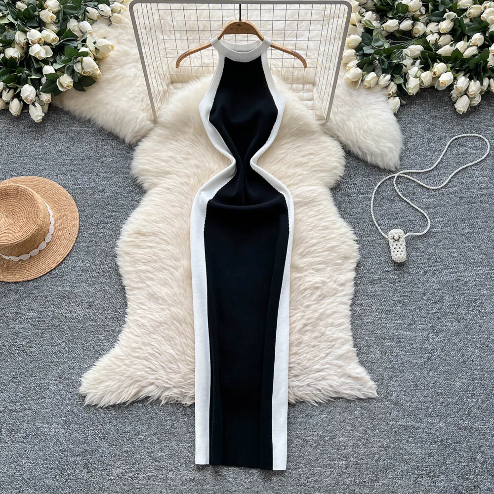 2025 Nuove donne di estate sexy senza maniche elastico con spalle scoperte abito lavorato a maglia Hit Color Patchwork Slim aderente Halter Max abito lungo