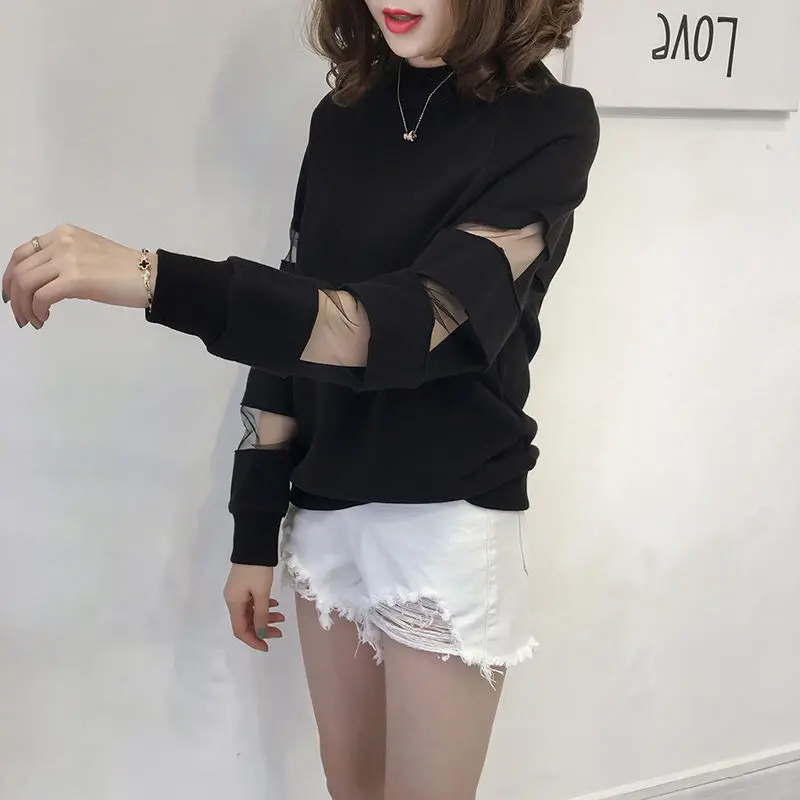 Fashion Korean Gauze Patchwork T-shirt Casual Female Clothing Solid Color All-match Long Sleeve Spring Autumn O-Neck Pullovers