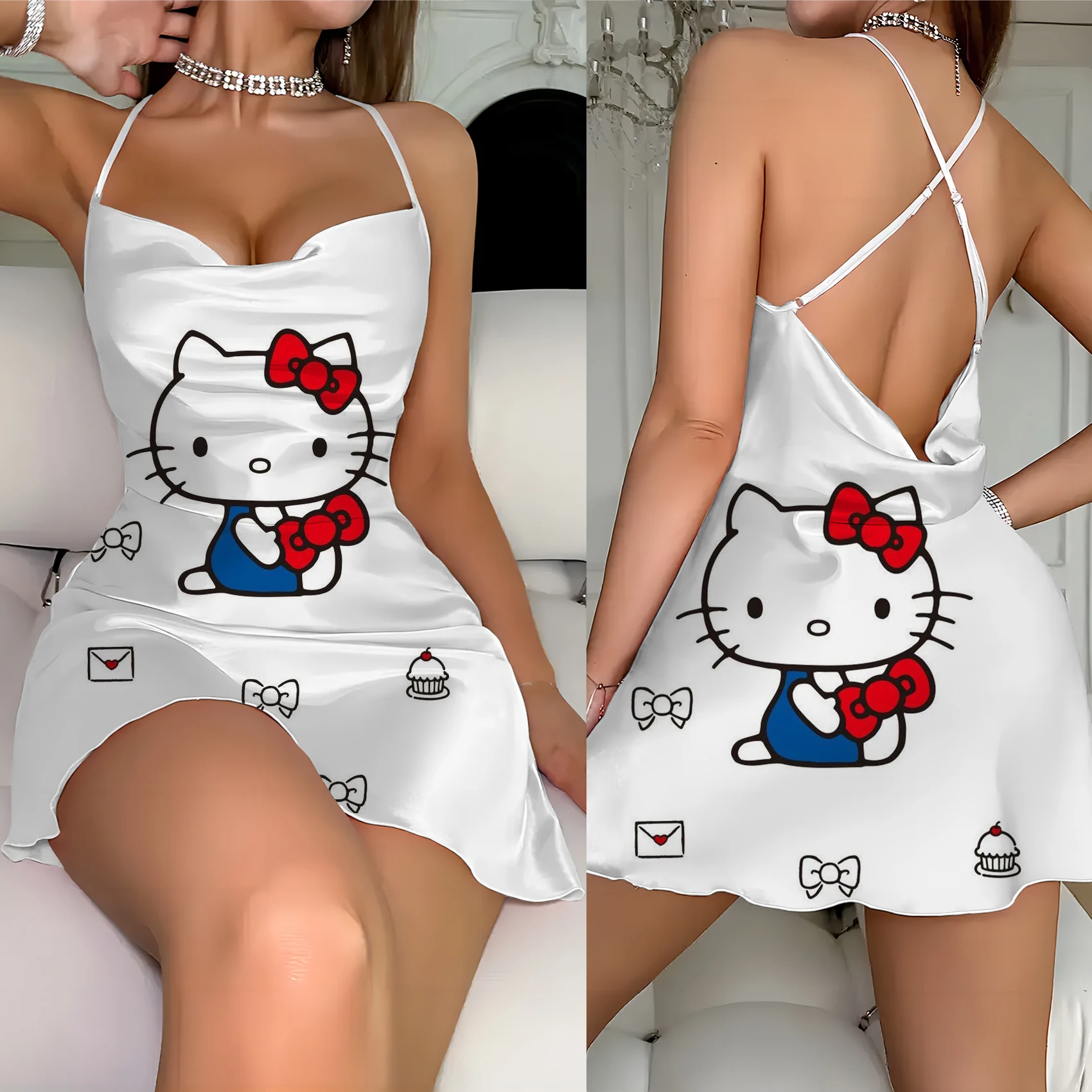 

Slip Dress Fashion Summer Dresses 2024 Lettuce Trim Hello Kitty Crew Neck Elegant Women Backless Neck Dress Home Cross Suspender