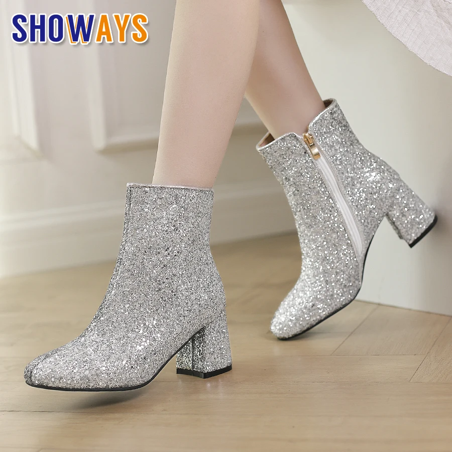 Błyszczące zimowe damskie botki do kostki Srebrne Złote Czerwone Cekiny Party Dress Office Lady High Block Heel Glitter Zipper Short Boots