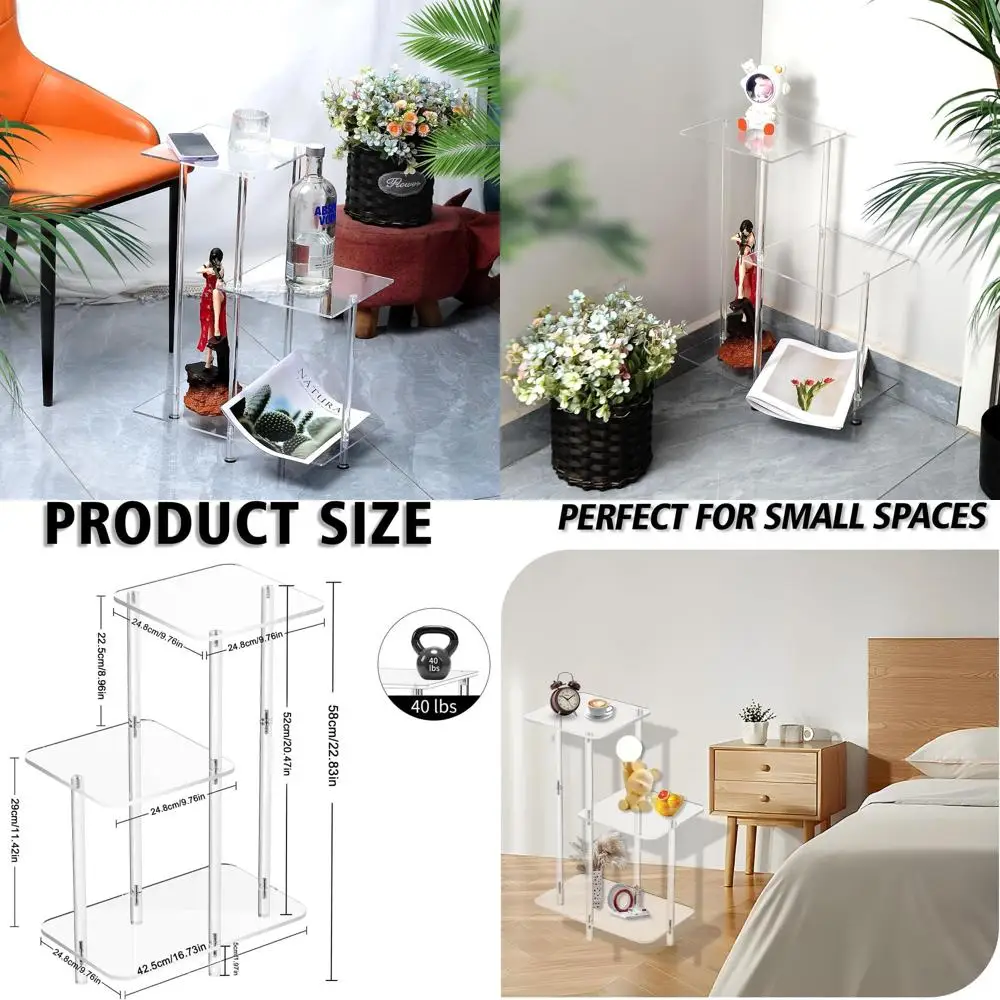 

Contemporary 3-Tier Acrylic Side Table, Square Modular End Table, Clear Coffee Table for Living, Bedroom, Study Spaces (Rectangu