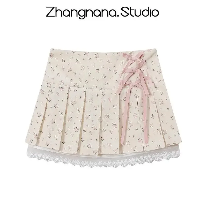 Japanese Sweet Y2k Mini Skirt Women Preppy All Match Slim Waist Tie Up Bow Lace Ruffles Pleated Skirt Faldas Mujer Moda 2024