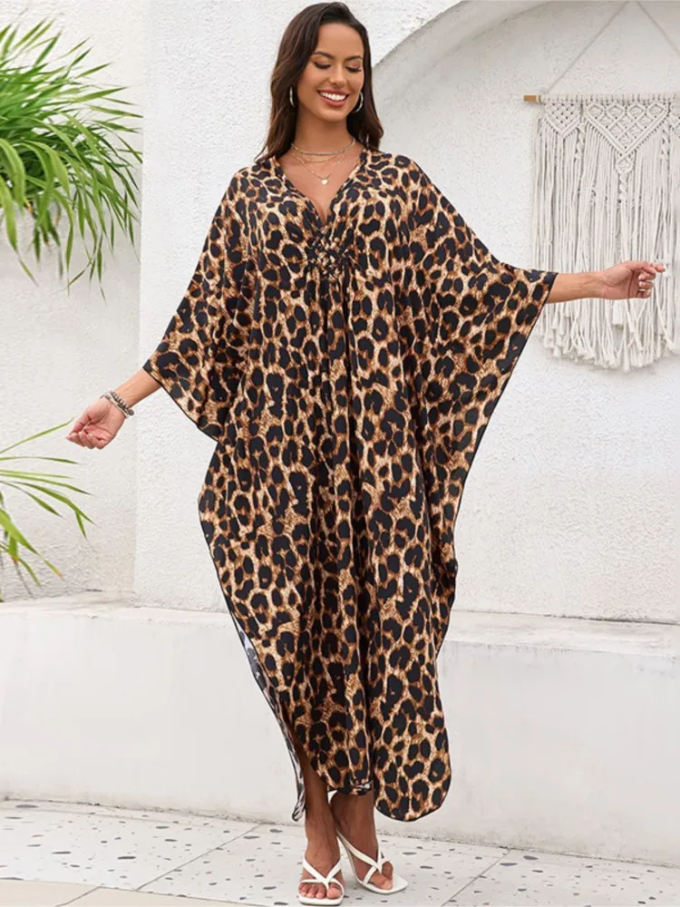 

Summer Cover Ups Women Swimsuit 3/4 Sleeve Robes Bathing Suit 2026 New Leopard Print Beach Holiday Maxi Dresses Cover-Up
