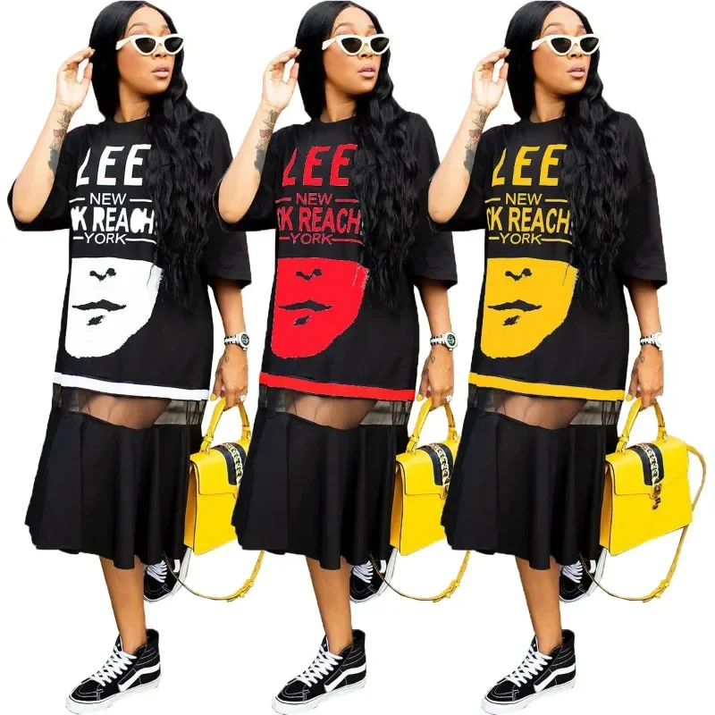 

2025 New 4XL Big Size Women's Clothing Hip Hop T-shirt Dress Harajuku Rock Long Tee New Loose Tops Dance Colour Block Streetwear