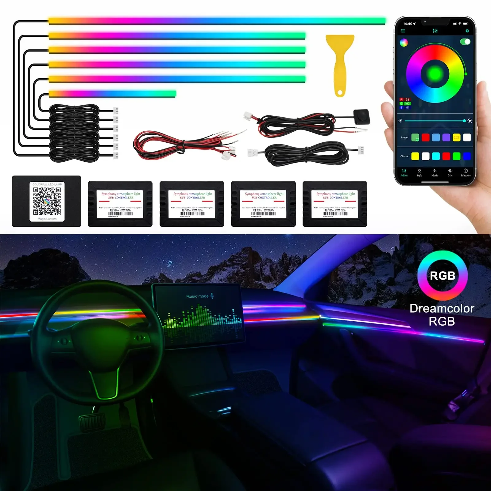 

6/10 in 1 Led Acrylic Car Ambient Light RGB 64 213 Color Symphony Acrylic APP Streamer Atmosphere Lamp Kit One Zone Dual Zone