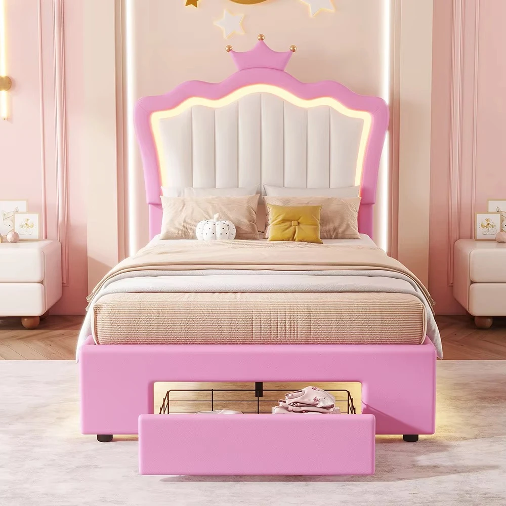 

In-stock Pink Children's Princess Wood Bed with LED Headboard Storage Space Eco-Friendly Design