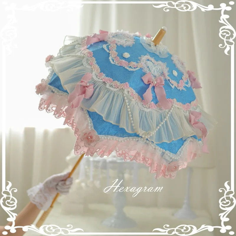 Antique Cake Original Handmade Fog Blue Moonlight Doll Long Handle Antique Lace Umbrella