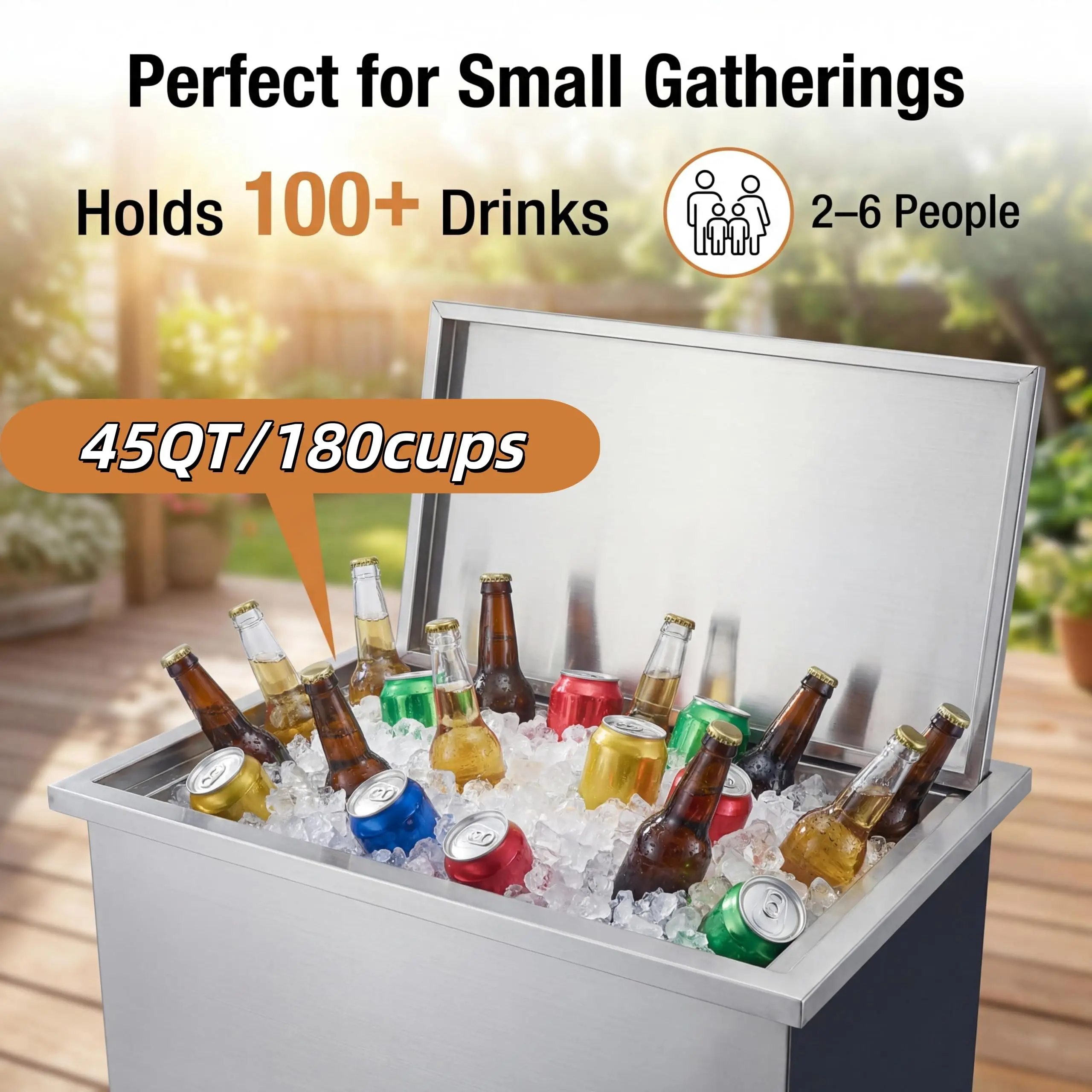 Drop-in Ice Chest, Large Capacity Stainless Ice Bin with Lid & Drain-Pipe Set, Commercial Grade Insulated Ice Bucket for Cold Wine Beer, Non-Electric 24H Cold Retention for Outdoor Kitchen&Bar