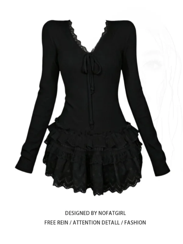 

plus Size Women's Long Sve Lace Patchwork Belted V-ne Base irt Winter High-End Feel Inner Wear Top Korean Sle Slim Fit